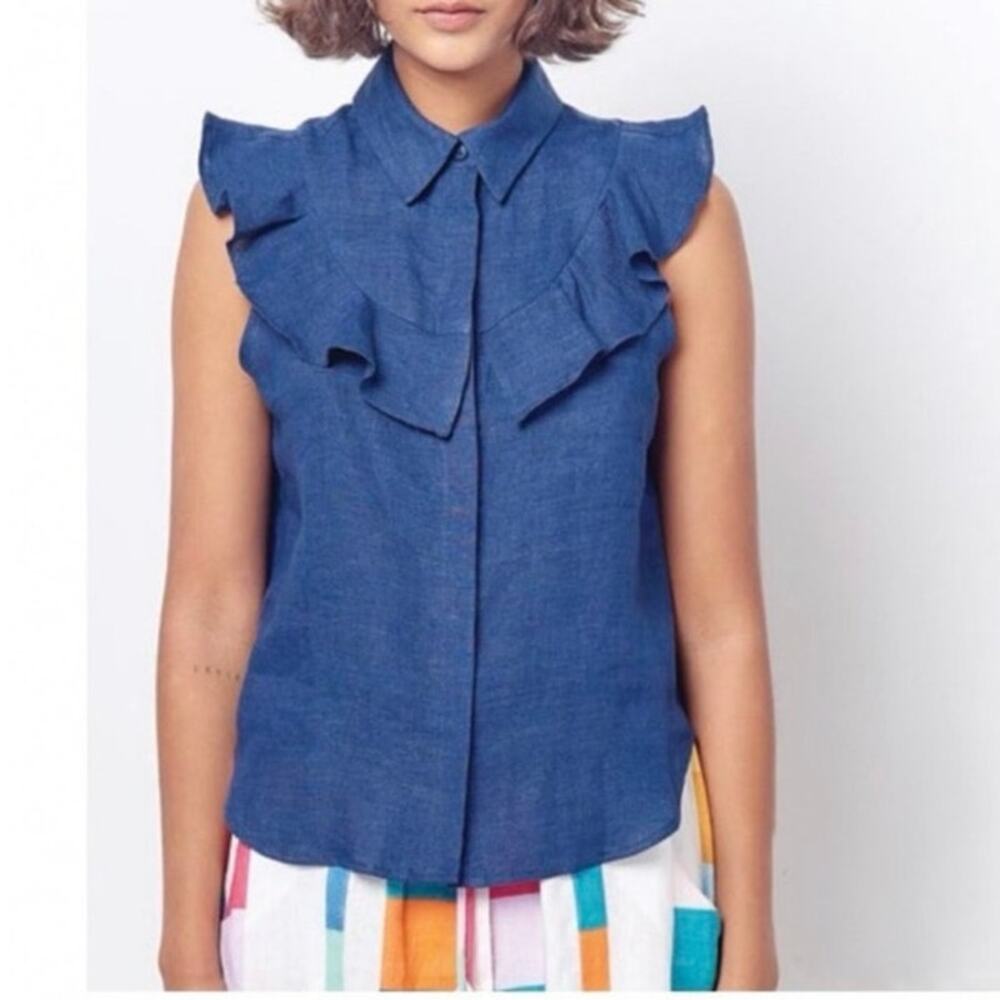 Women’s Corey Lynn Calter Blue Linen Button up Sleeveless Top with Ruffles.Small - Picture 8 of 8